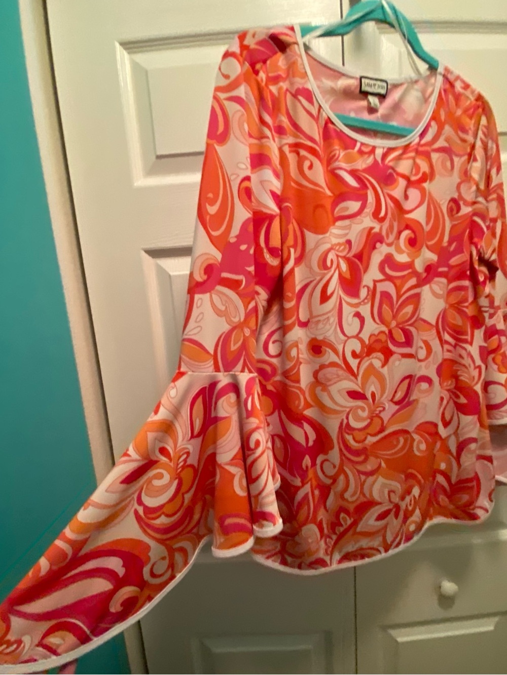 Sam & Jess Vintage Inspired 60’s Groovy Swirl Pink,Orange Blouse Large - Picture 3 of 9